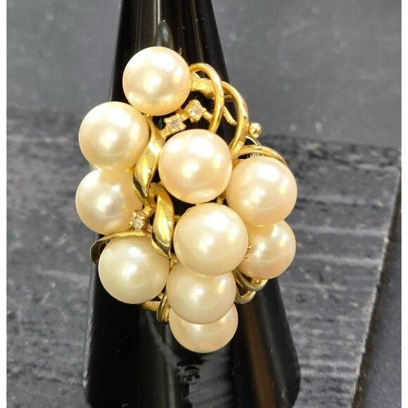Vintage 14K Gold Cocktail Ring With Cultured Pearls & Diamonds Size 6.75 HS81 - Picture 7 of 16